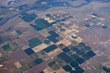 Aerial view of irrigated circular fields in Oregon.