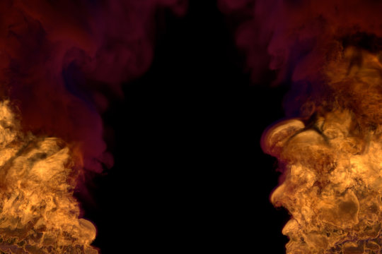 visionary glowing hell on black, frame with dark smoke - fire from picture left and right corners - fire 3D illustration
