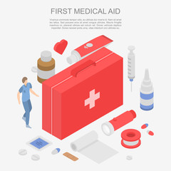 First medical aid concept banner. Isometric illustration of first medical aid vector concept banner for web design