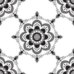 Seamless pattern with black and white mehndi lace of flower buta decoration items on white background.