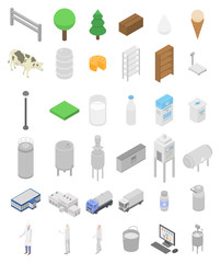 Milk factory icons set. Isometric set of milk factory vector icons for web design isolated on white background