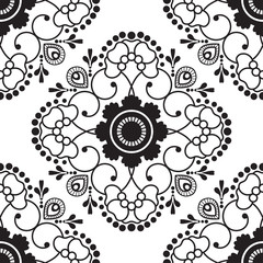 Seamless pattern with black and white mehndi lace of flower buta decoration items on white background.