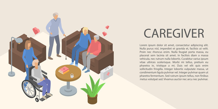 Caregiver concept banner. Isometric illustration of caregiver vector concept banner for web design - Powered by Adobe