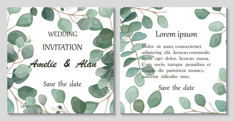 Wedding invitation with leaves eucalyptus, watercolor, isolated on white. Vector Watercolour. © O.Yu