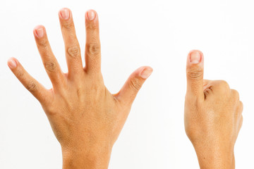 Close-up of a woman's hand and finger on white background