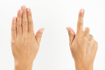 Close-up of a woman's hand and finger on white background