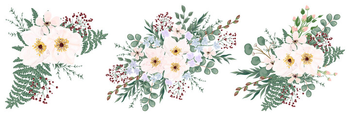 Naklejka premium Set bouquets with leaves and flowers, watercolor, isolated on white. Vector Watercolour