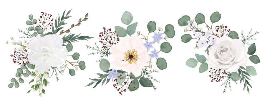 Set bouquets with leaves and flowers, watercolor, isolated on white. Vector Watercolour