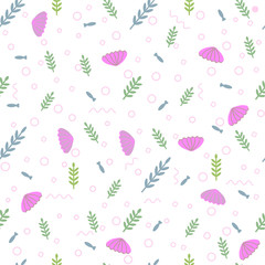 Seashell Seamless pattern background design with fish, algae, geometric shapes. Marine light backdrop. Perfect for greetings, invitations, wrapping paper, textile, wedding and web design.