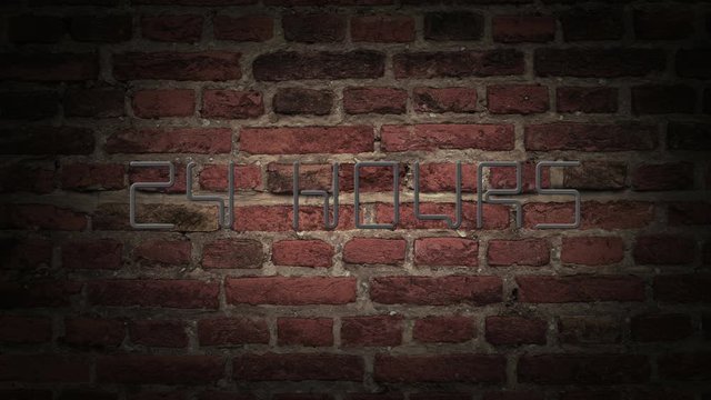 Support 24 hours neon sign on brick wall background. Twenty four hours open service neon light banner. Luminous text advertising. Retro style. 3d animation in 4k