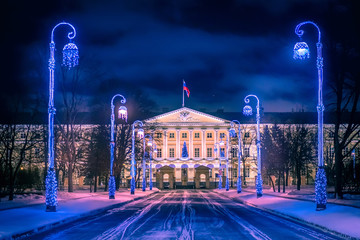 Saint-Petersburg. Russia. Decorated Petersburg in the New year. Christmassy days. The Smolny residence. Winter Smolny garden. Christmas city decoration. New year St. Petersburg. Russian cities.