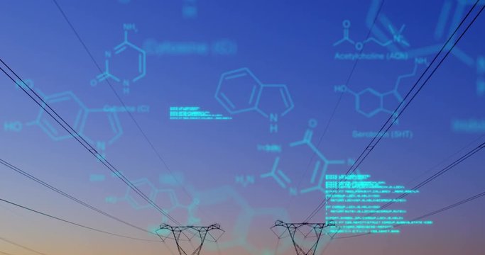 Chemical structures with program codes and a background of transmission towers