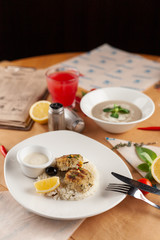 Cutlets with steamed rice for a nutritious lunch out