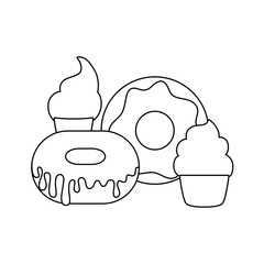 set of delicious donuts with ice cream and cupcake