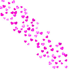 Mothers day background with pink glitter confetti. Isolated heart symbols in rose color. 