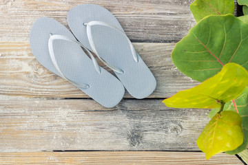 Flip Flop sandals set out on a sunny beach side boardwalk. Close up.