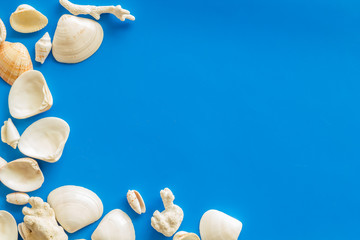 shells and seaside background for blog or desktop on blue table top view mock-up