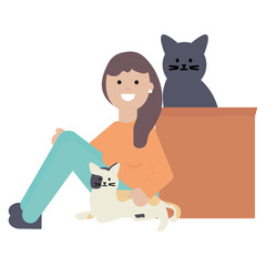 young woman with cute cats mascots