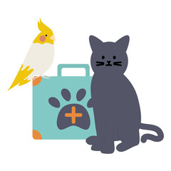 cute cat and bird mascots with medical kit