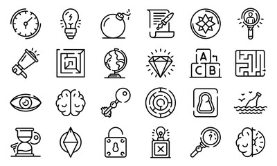 Quest icons set. Outline set of quest vector icons for web design isolated on white background