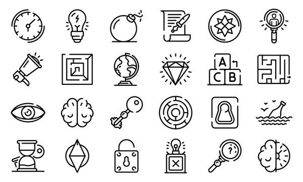 Quest icons set. Outline set of quest vector icons for web design isolated on white background