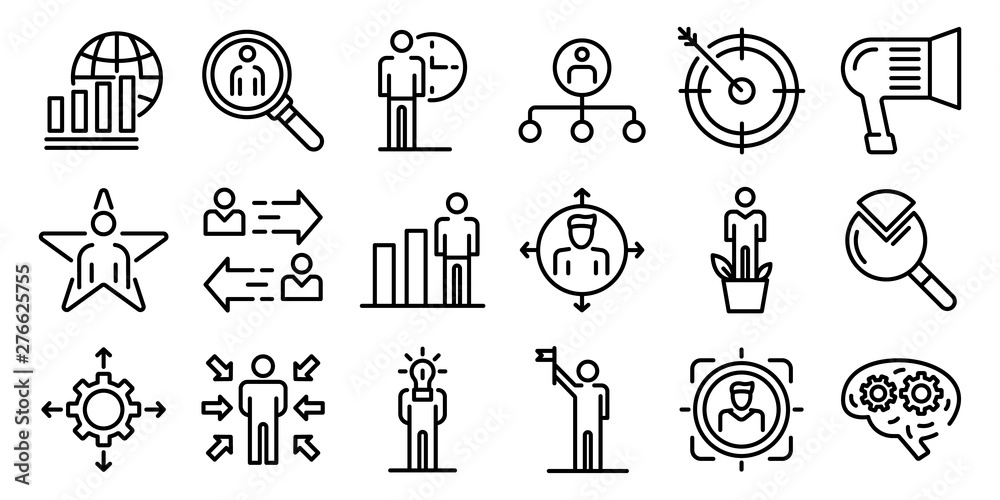 Poster managing skills icons set. outline set of managing skills vector icons for web design isolated on wh