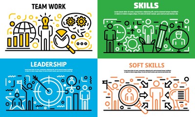 Human managing skills banner set. Outline set of human managing skills vector banner for web design
