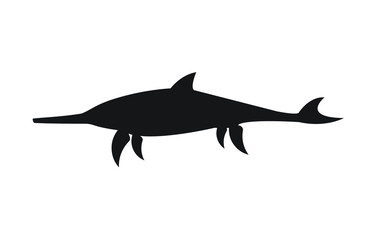 Vector flat black silhouette of swimming ichtyosaur dinosaur isolated on white background