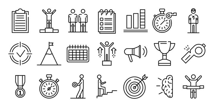 Coach icons set. Outline set of coach vector icons for web design isolated on white background
