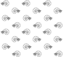 Vector seamless pattern of black line ammonite isolated on white background
