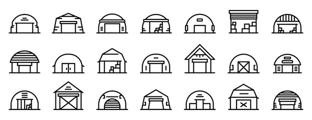 Hangar icons set. Outline set of hangar vector icons for web design isolated on white background