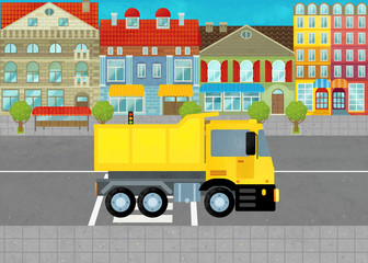 cartoon scene with dumper industrial car in the city on the street illustration for children