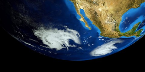 Extremely detailed and realistic high resolution 3d illustration of Hurricane Barbara next to the US East coast. Shot from space. Elements of this image are furnished by Nasa.