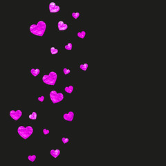 Mothers day background with pink glitter confetti. Isolated heart symbols in rose color. 