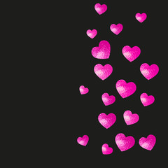 Mothers day background with pink glitter confetti. Isolated heart symbols in rose color. 