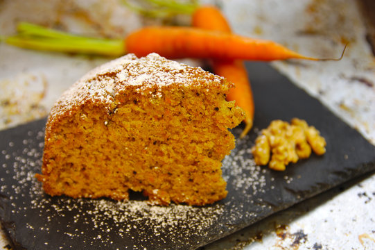 Plate with a portion of homemade carrot cake