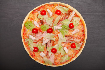 Tasty pizza with various flavored ingredients on a dark background
