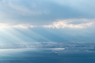 A panoramic view of the industrial port city of Algeciras taken from the Rock of Gibraltar during an overcast sky