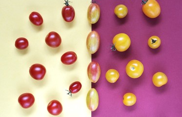 Naklejka na ściany i meble cherry tomatoes abstraction photo. creative combination of colors, creative combination and shapes