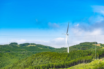 山の頂上付近に設置された風力発電用大型風車と送電線