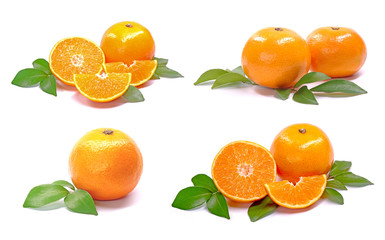Set of Orange, whole and sliced with fresh green leaves isolated on white background collection. Oranges collection