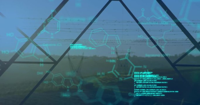 Chemical structures with program codes and a background of transmission towers