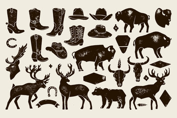 Big set of Hand Draw vintage native American signs from Deer, Buffalo, Cowboy Boots and Hats, cow Skulls, bear. Vector Badge Silhouette for creating Logos, Lettering, Posters and Postcards. - 276629563