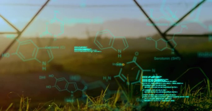Chemical structures with program codes and a background of transmission towers