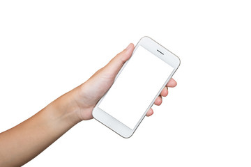 Man hand holding smartphone with blank screen isolated on white background, clipping path.