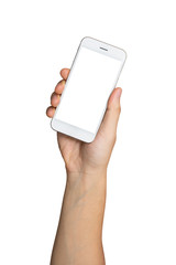 Man hand holding smartphone with blank screen isolated on white background, clipping path.