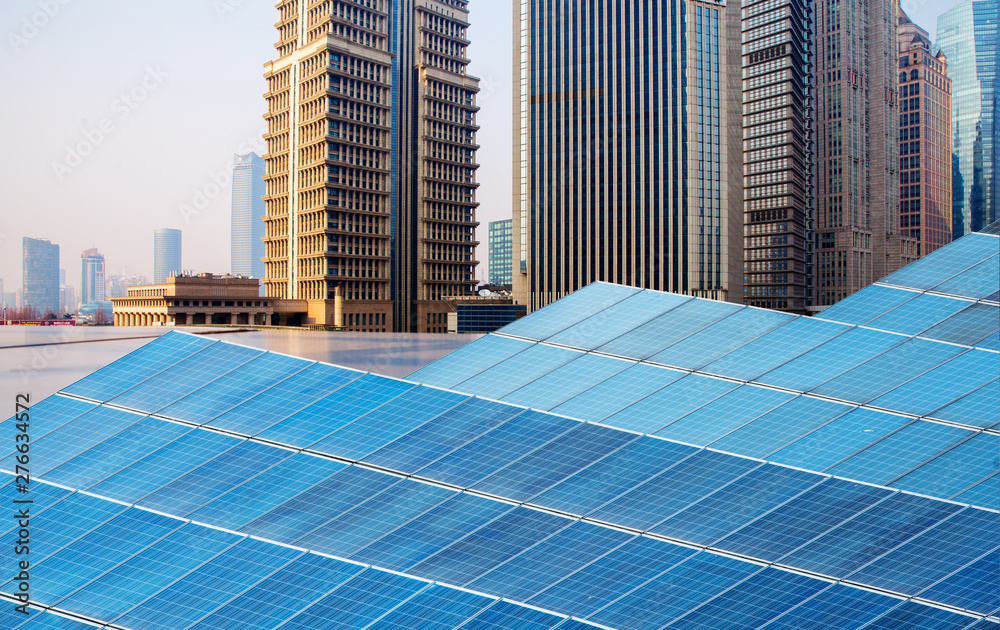 Wall mural Green energy and sustainable development of solar energy with Shanghai bund panorama Skyline