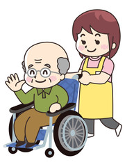 介護士の女性と車椅子の高齢男性