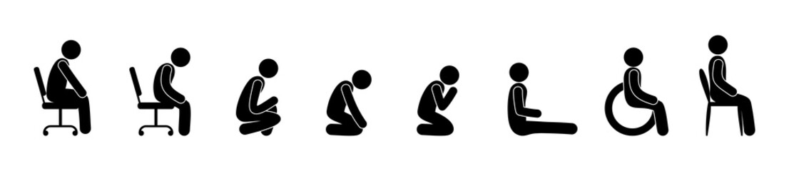 people sit in various poses, stick figure man icon, pictogram human silhouette, set of silhouettes