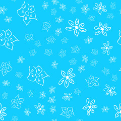 Chamomile vector seamless pattern in sketch style. Seamless floral design. Vector floral print. Abstract flower pattern. Modern design. Hand drawn illustration isolated on blue background